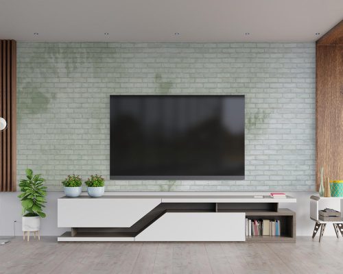 Green and White Brick wall Wallpaper Mural A10274600 behind TV