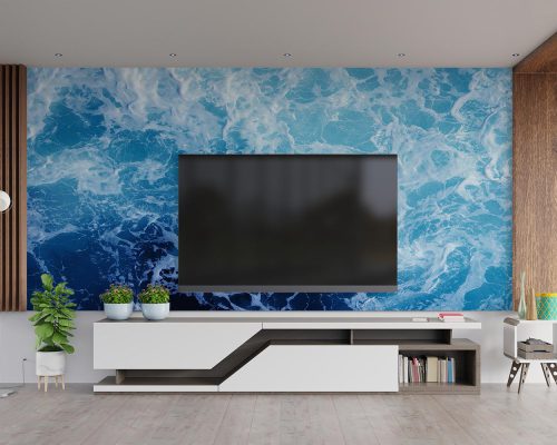 Blue Ocean Wave Wallpaper Mural A10277800 behind TV