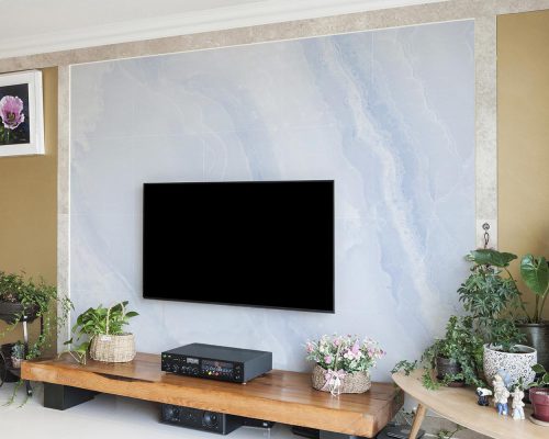 Blue Marble Stone Wallpaper Mural A10278400 behind TV