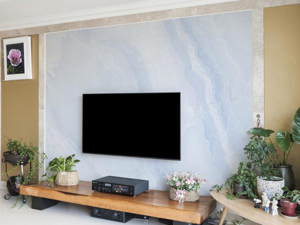 Blue Marble Stone Wallpaper Mural A10278400 behind TV