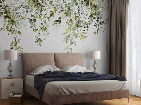 Green Leaves in White Background Wallpaper Mural A10278600 for bedroom