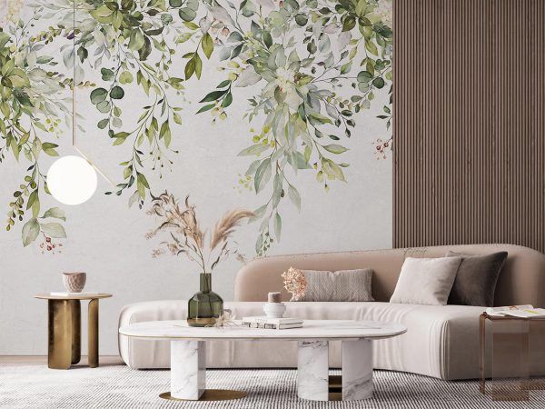 Green Leaves in White Background Wallpaper Mural A10278600 for living room