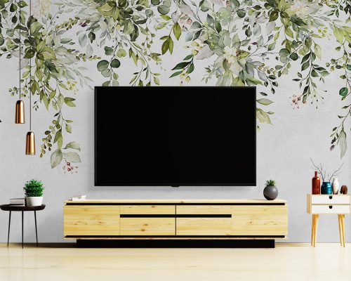 Green Leaves in White Background Wallpaper Mural A10278600 behind TV