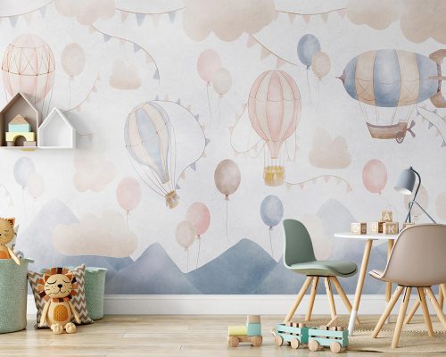 Cream Cartoon Air Balloons above Blue Mountains Wallpaper Mural A10279000 for kids room