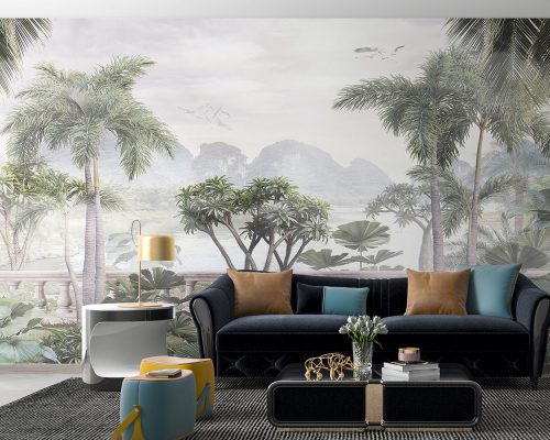 Green Gray Tropical Trees in Gray Background Wallpaper Mural A10279200 for living room