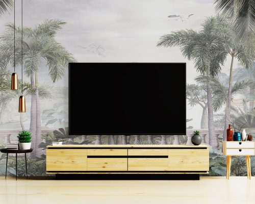 Green Gray Tropical Trees in Gray Background Wallpaper Mural A10279200 behind TV