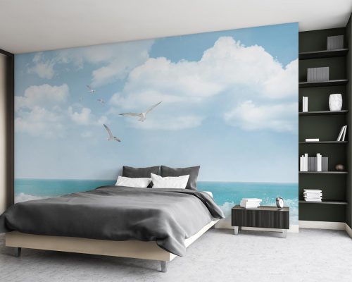 Seagulls Flying in the Blue Sky above Blue Sea Wallpaper Mural A10279500 for bedroom