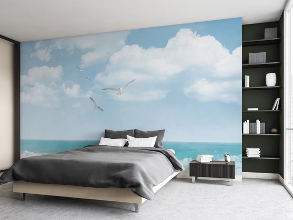 Seagulls Flying in the Blue Sky above Blue Sea Wallpaper Mural A10279500 for bedroom