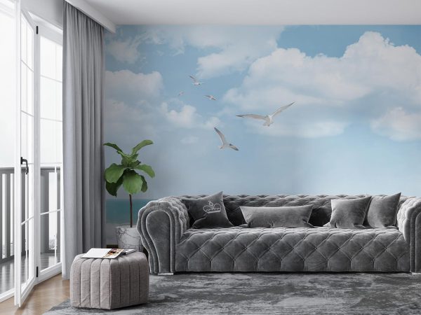 Seagulls Flying in the Blue Sky above Blue Sea Wallpaper Mural A10279500 for living room