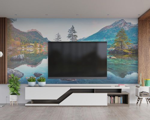 Mountain Spring Landscape and View of Hintersee Lake in Germany Wallpaper Mural A10280600 behind TV