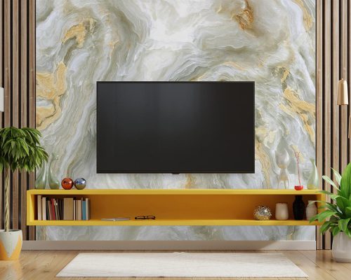 Cream and White Marble Swirl Wallpaper Mural A10280700 behind TV