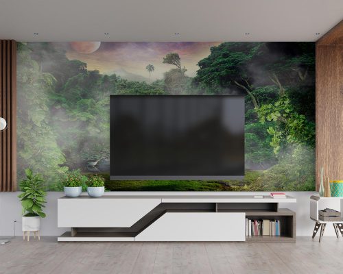 Lush Green Nature Wallpaper Mural A10280900 behind TV