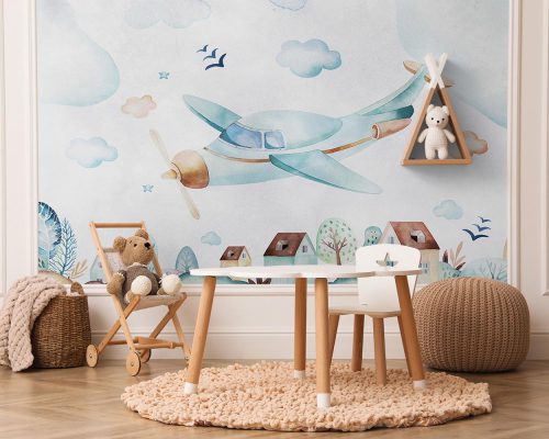 Blue Cartoon Airplane above City in White Background Wallpaper Mural A10281800 for kids room