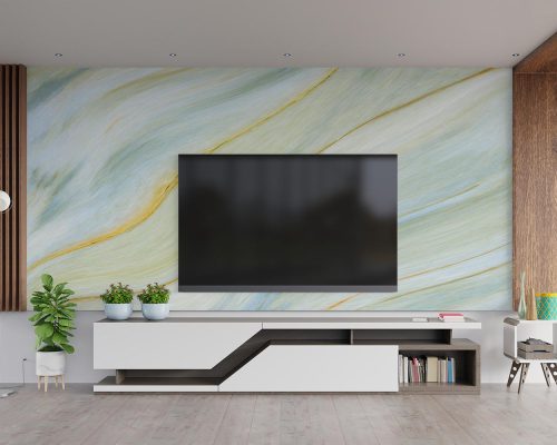 Cream and Blue Marble Swirl with Golden Veins Wallpaper Mural A10282000 behind TV