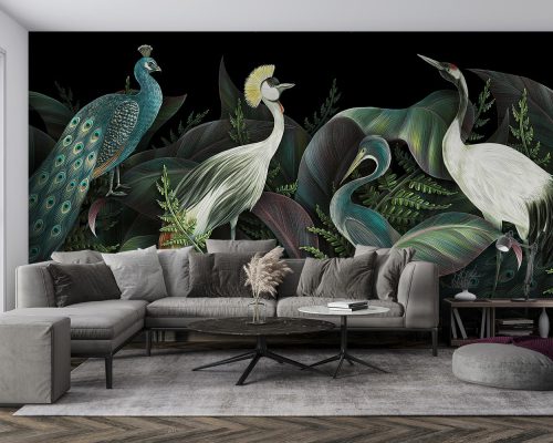 Birds and Green Plants in Black Background Wallpaper Mural A10284000 for living room