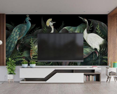 Birds and Green Plants in Black Background Wallpaper Mural A10284000 behind TV