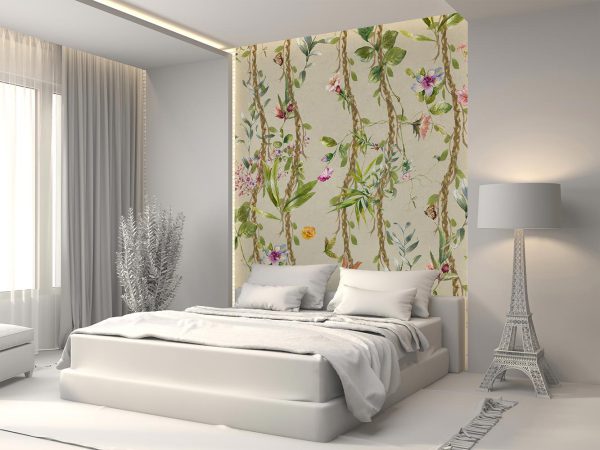 Flowers and Green Leaves in Light Gray Background Wallpaper Mural A10284400 for bedroom