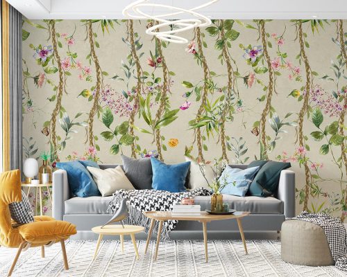 Flowers and Green Leaves in Light Gray Background Wallpaper Mural A10284400 for living room