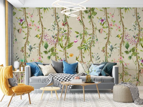 Flowers and Green Leaves in Light Gray Background Wallpaper Mural A10284400 for living room