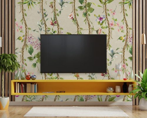 Flowers and Green Leaves in Light Gray Background Wallpaper Mural A10284400 behind TV