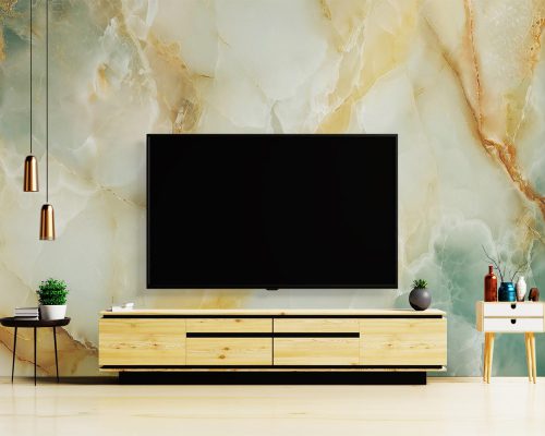 White and Green Marble Stone With Cream Veins Wallpaper Mural A10284800 behind TV