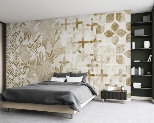 Cream Geometric and Classic Leaves Wallpaper Mural A10285500 for bedroom