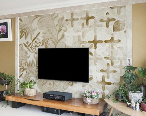 Cream Geometric and Classic Leaves Wallpaper Mural A10285500 behind TV