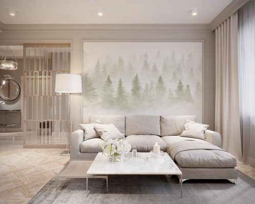 Foggy Pine Forest in White Background Wallpaper Mural A10285900 for living room