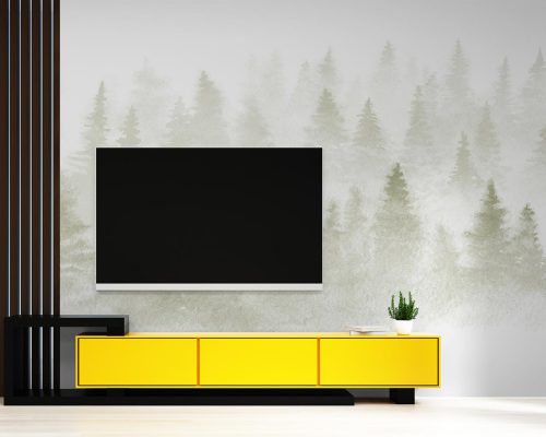Foggy Pine Forest in White Background Wallpaper Mural A10285900 behind TV