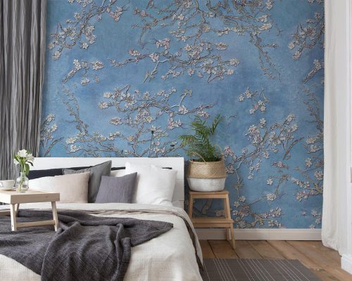 White Blossoms in Blue Background Wallpaper Mural A10286000 for bedroom