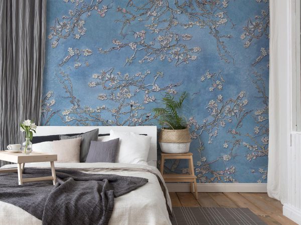 White Blossoms in Blue Background Wallpaper Mural A10286000 for bedroom