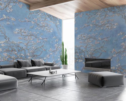 White Blossoms in Blue Background Wallpaper Mural A10286000 for living room
