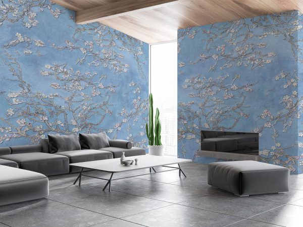 White Blossoms in Blue Background Wallpaper Mural A10286000 for living room