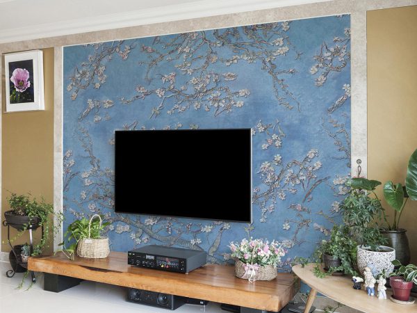 White Blossoms in Blue Background Wallpaper Mural A10286000 behind TV