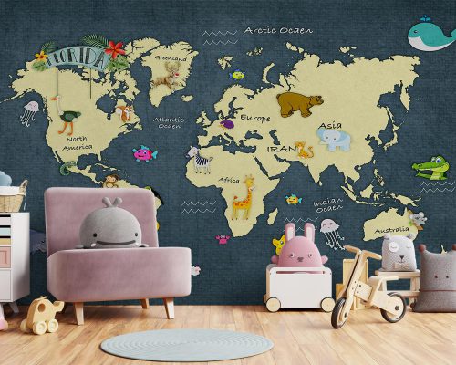 Cartoon Animals on Cream World Maps in Grayish Blue Background Wallpaper Mural A10286200 for kids room