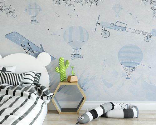 Soft Blue Cartoon Airplanes and Air Balloons in White Background Wallpaper Mural A10286600 for kids room