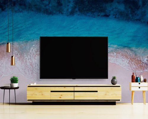 Aerial View of Sand Beach and Blue Water Wallpaper Mural A10287100 behind TV
