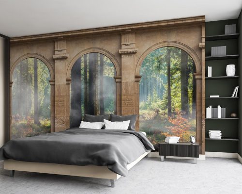 Cream Roman Column Arch with a Green Forest View Wallpaper Mural A10288000 for bedroom