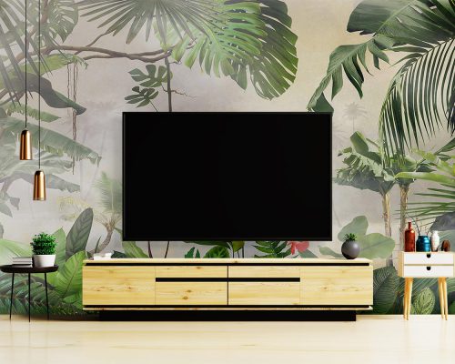 Green Tropical Trees and Plants Wallpaper Mural A10288200 behind TV