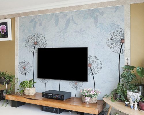 White Dandelions in Soft Blue Background Wallpaper Mural A10288700 behind TV