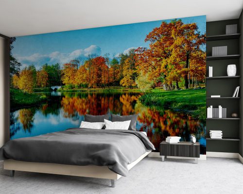 Orange and Yellow Autumn Trees next to a River Wallpaper Mural A10290900 for bedroom
