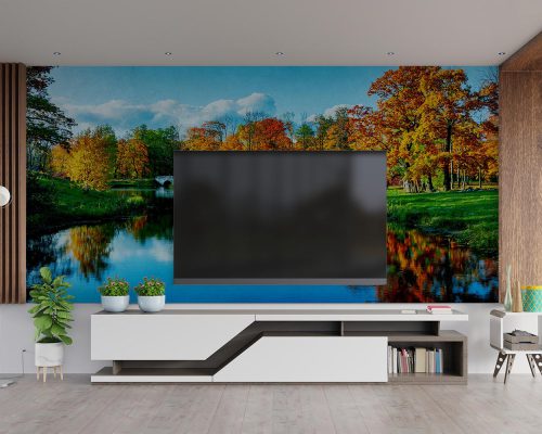 Orange and Yellow Autumn Trees next to a River Wallpaper Mural A10290900 behind TV