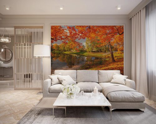 Orange Autumn Trees next to a River Wallpaper Mural A10292500 for living room