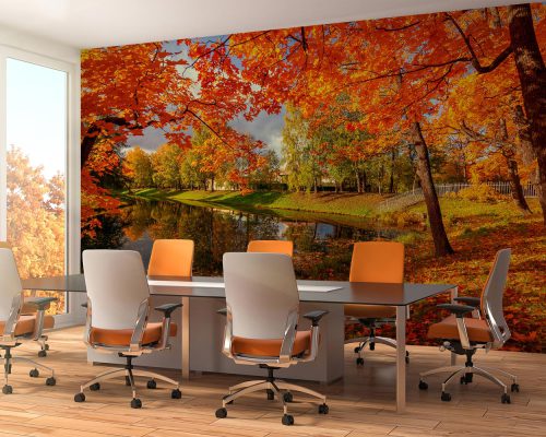 Orange Autumn Trees next to a River Wallpaper Mural A10292500 for office