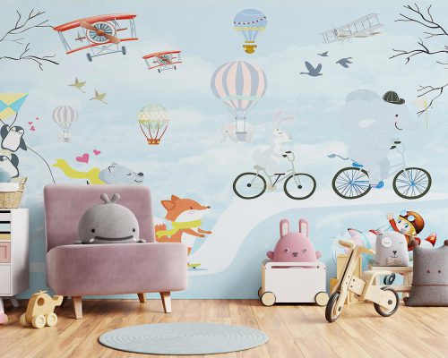 Cartoon Animals in Soft Blue Background Wallpaper Mural A10292700 for kids room