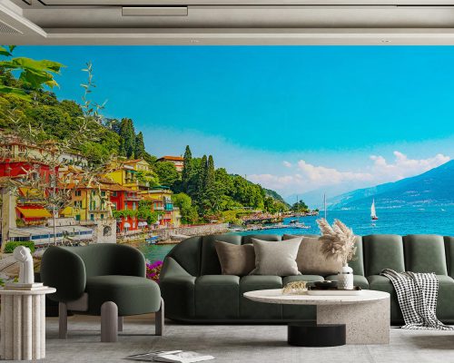 Colorful Houses of Varenna Village near Blue Water and Flower in Italy Wallpaper Mural A10292900 for living room