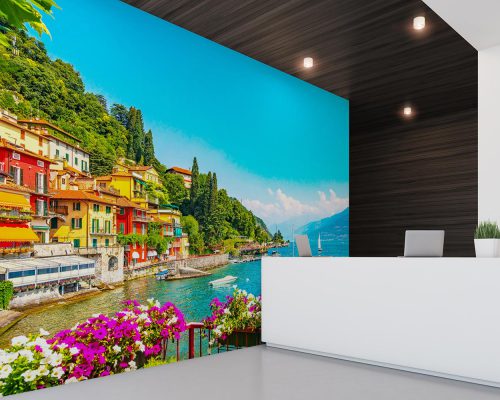 Colorful Houses of Varenna Village near Blue Water and Flower in Italy Wallpaper Mural A10292900 for office