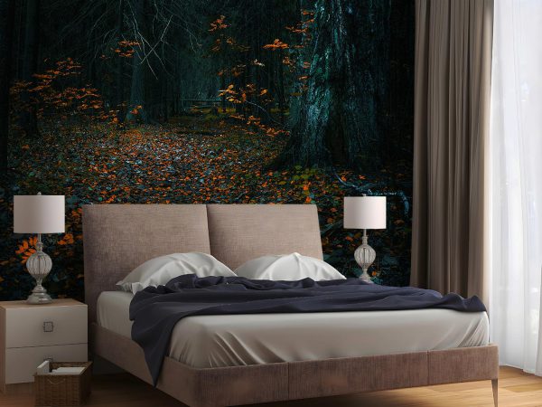 Orange Leaves in Dark Forest Wallpaper Mural A10293500 for bedroom