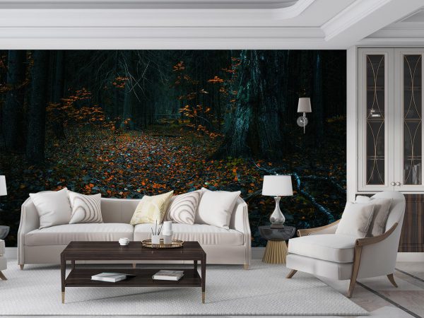 Orange Leaves in Dark Forest Wallpaper Mural A10293500 for living room