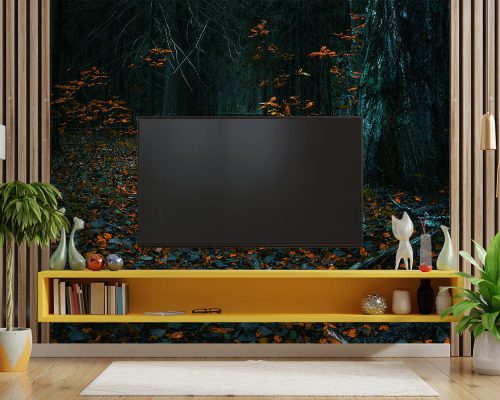 Orange Leaves in Dark Forest Wallpaper Mural A10293500 behind TV